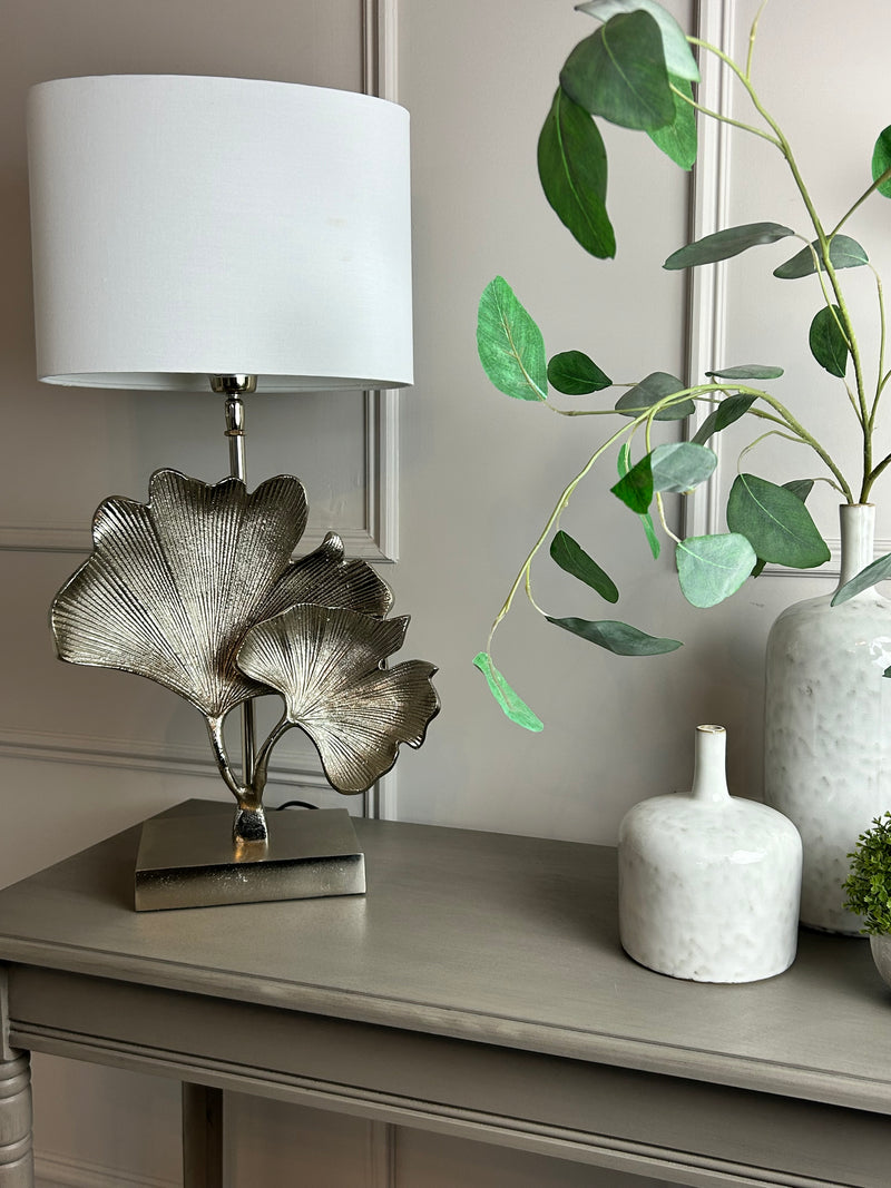 Gingko champagne leaf petal metal lamp with white oval shade