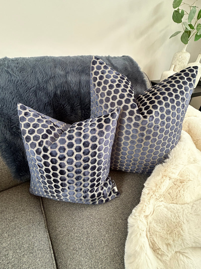 Navy Blue Jorvik Hexagon Velvet Cushion Two Sizes