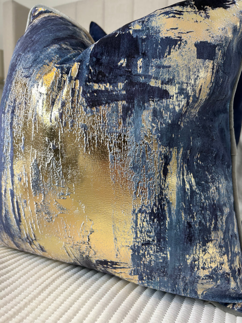 Idyllic abstract navy blue and gold grey luxury cushion