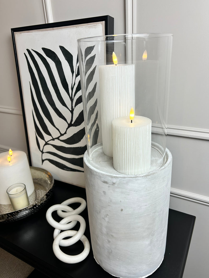 Large chunky tall glass cement hurricane candle holder