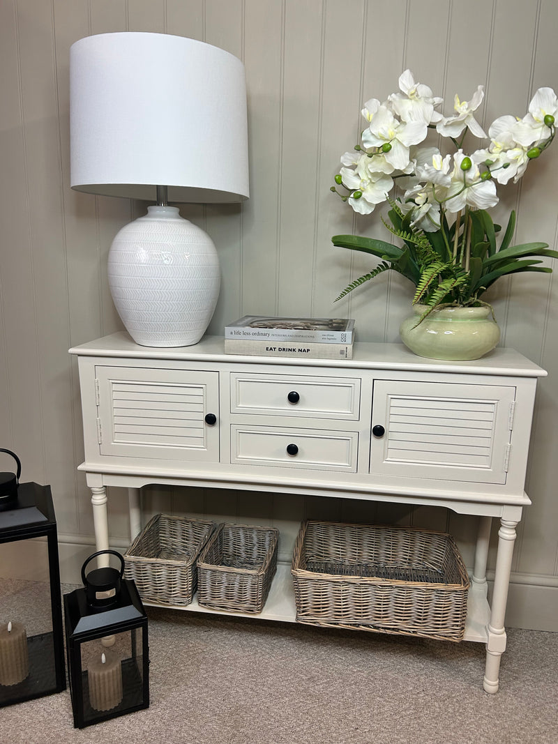 White console cupboard table with shelf