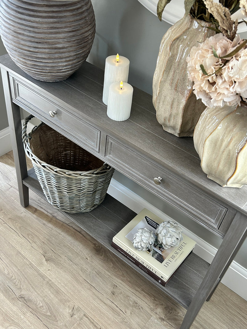 Washed wood 2 drawer console table with shelf