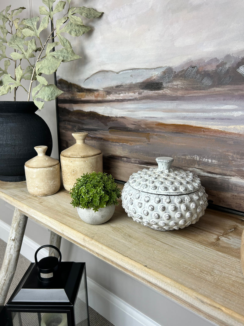 Bobble lidded rustic ceramic jar off white