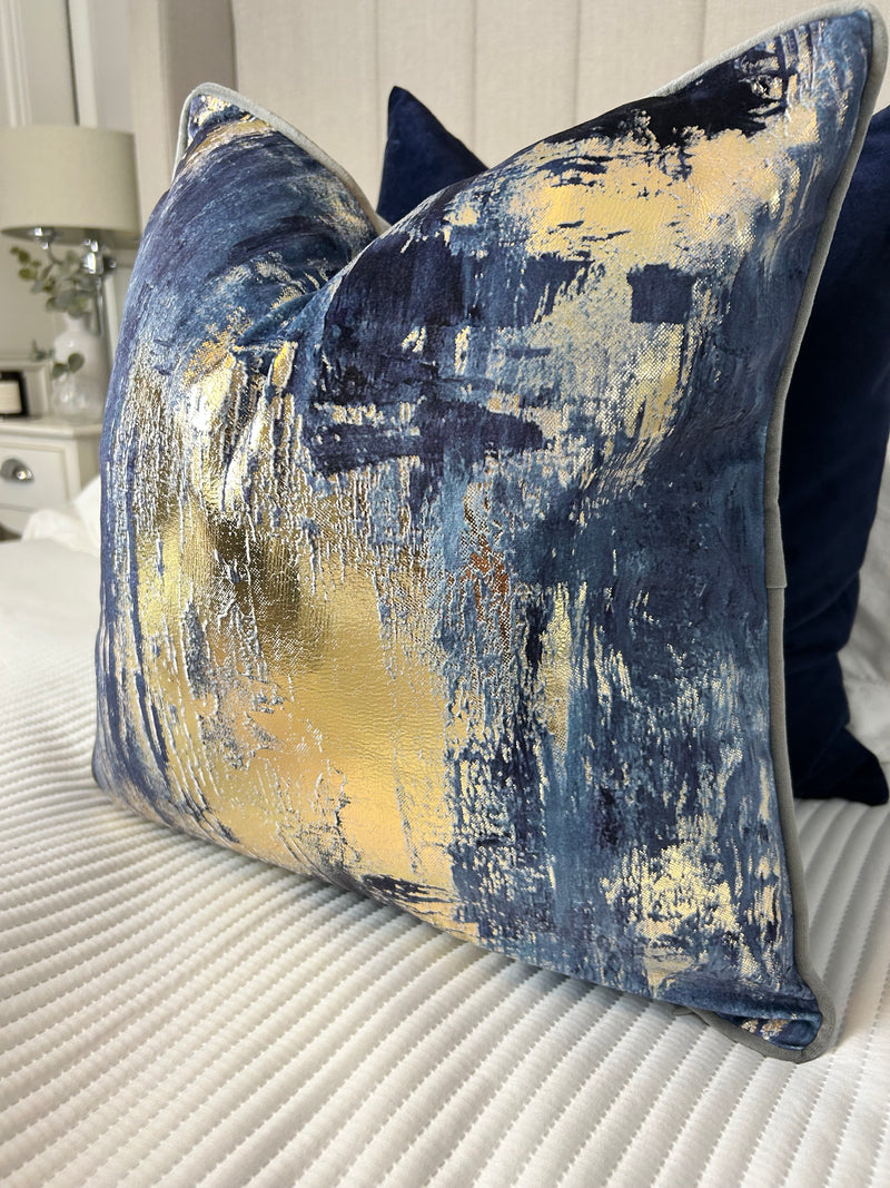 Idyllic abstract navy blue and gold grey luxury cushion