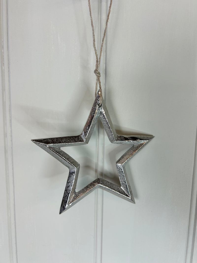 Metal outline silver hanging star two sizes