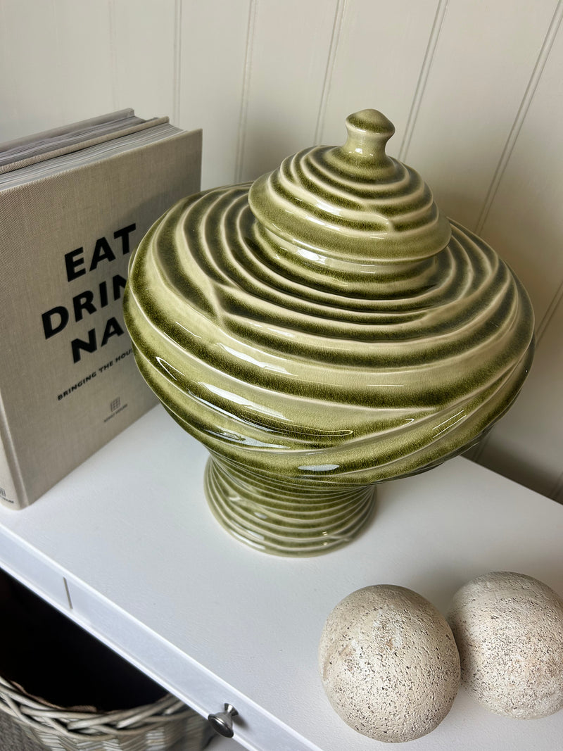 Ceramic green ripple ginger jar vase