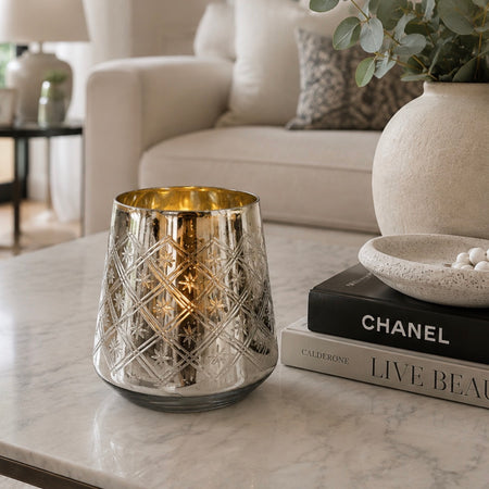 Mottled etched glass candle holder vase hurricane gold champagne