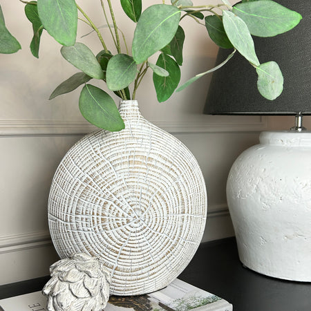 Brown and white textured wood look round vase