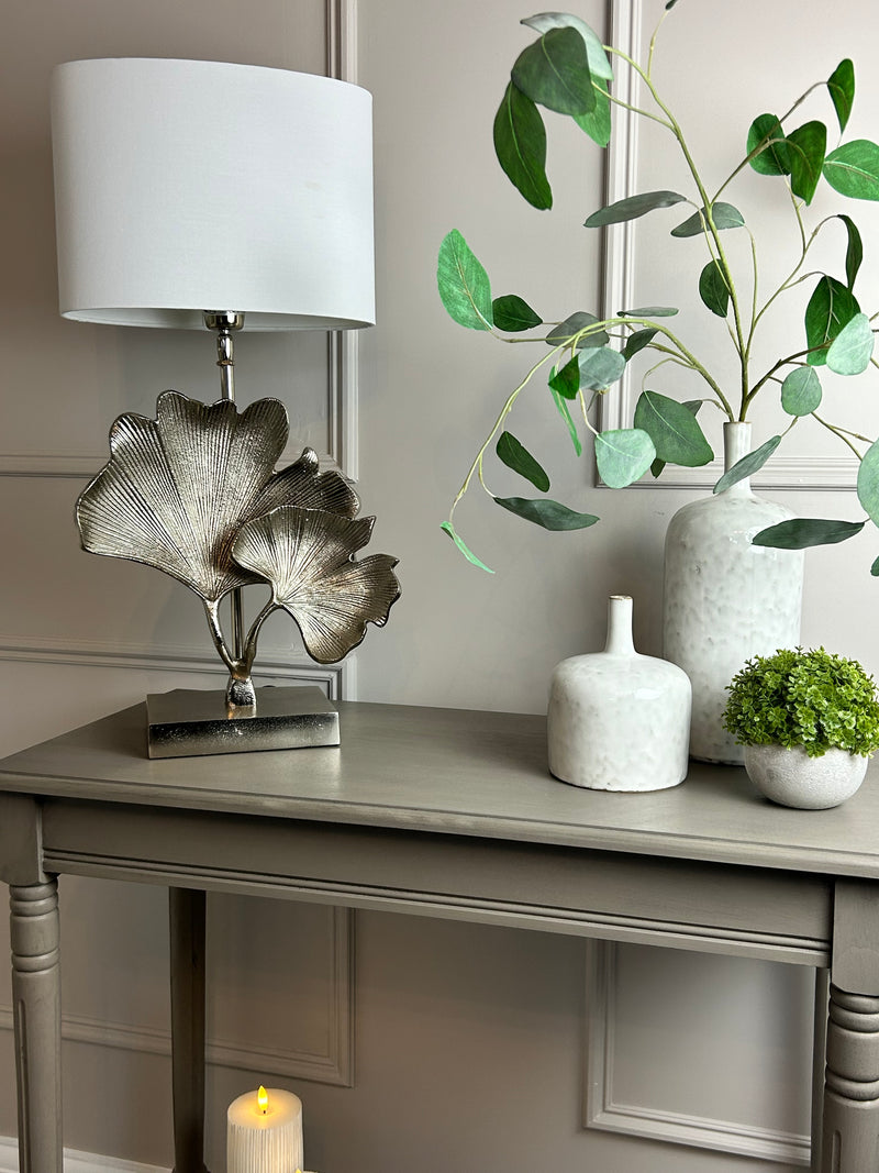 Gingko champagne leaf petal metal lamp with white oval shade