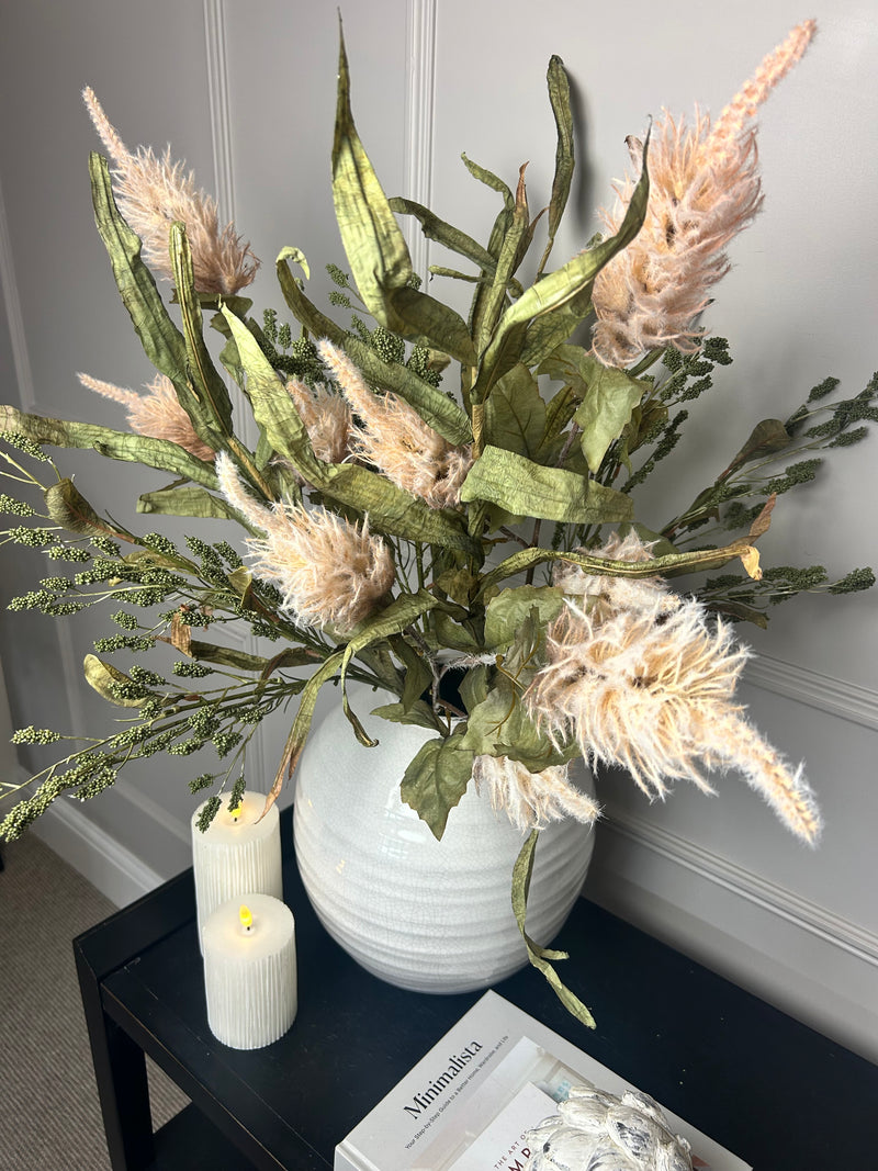 Green tall reed, green sorghum grass and mocha oyster alexis stem arrangement