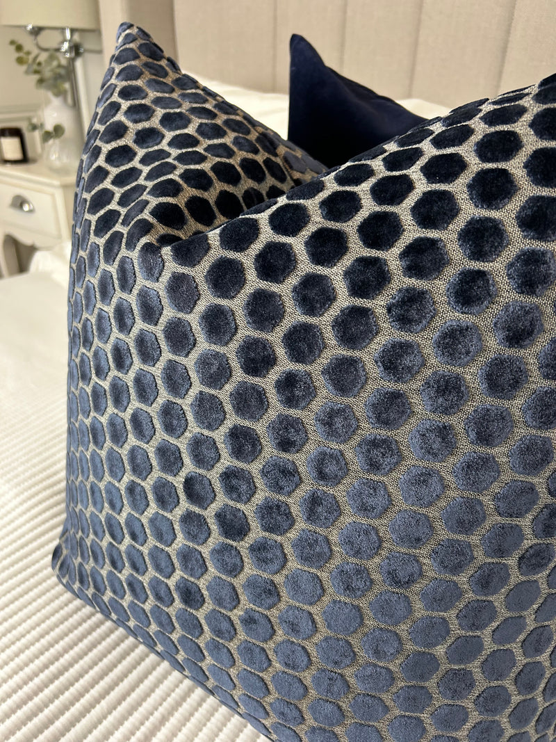 Navy Blue Jorvik Hexagon Velvet luxury Cushion Two Sizes