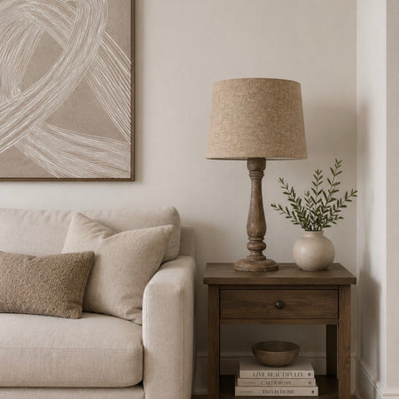 Washed Wooden chunky turned table lamp with shade