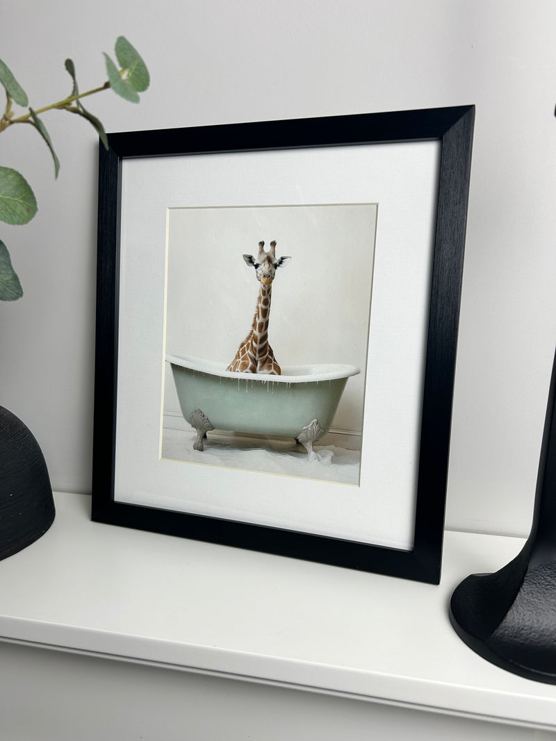 Bathroom joy giraffe in bath luxury framed prints