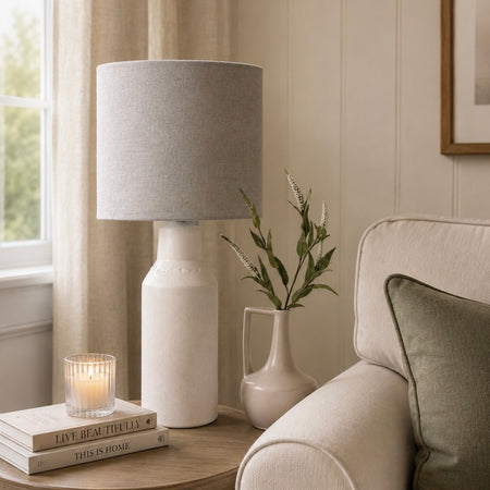 White Stone Textured Lamp With Grey natural Shade