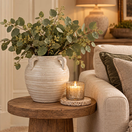 Textured rib off white rustic vase with 4 handles