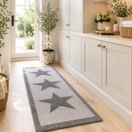 Grey Star Door washable mat rug Runner 67cm by 150cm and 67xm by 200cm