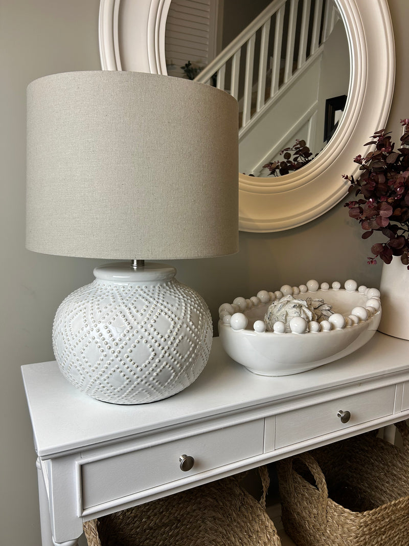 Squat beaded bobble ceramic lamp with shade