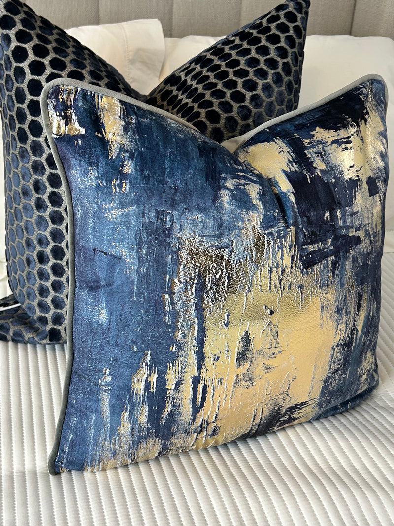 Idyllic abstract navy blue and gold grey luxury cushion