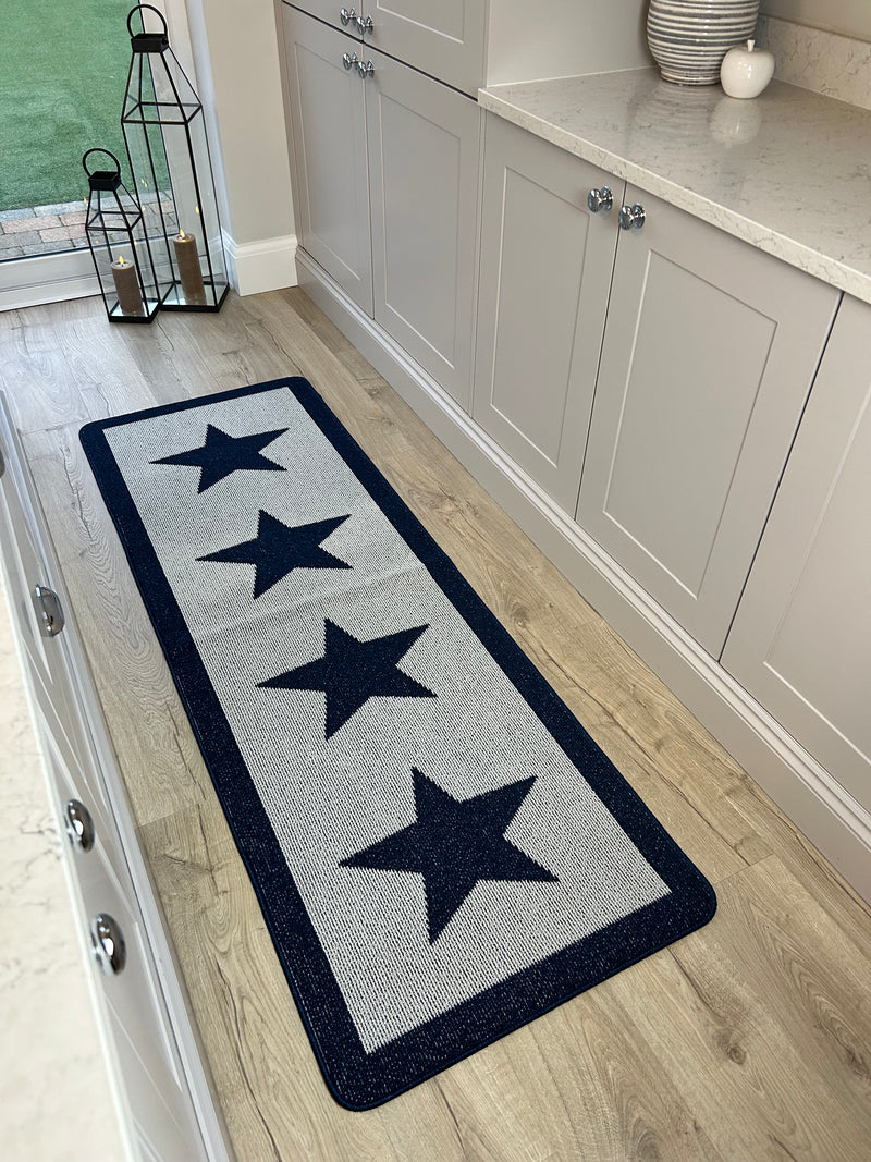 Navy Blue Star Door washable rug Runner 67cm by 150cm and 67cm by 200cm