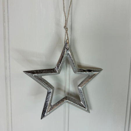 Metal outline silver hanging star two sizes