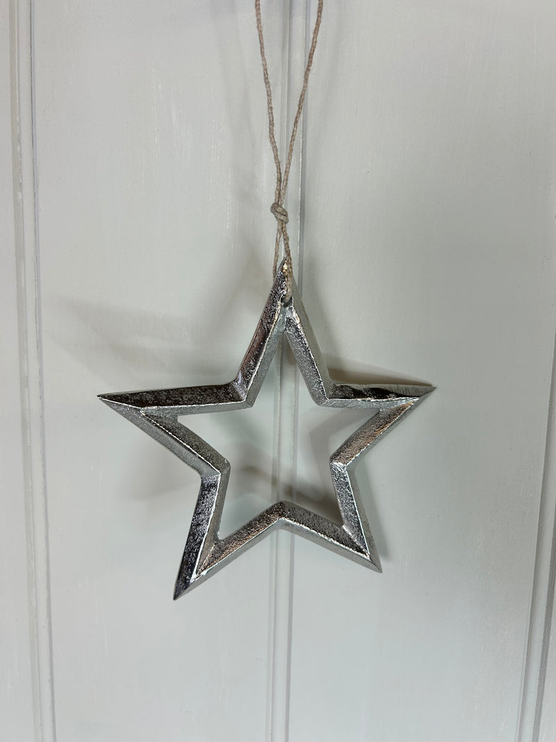 Metal outline silver hanging star two sizes