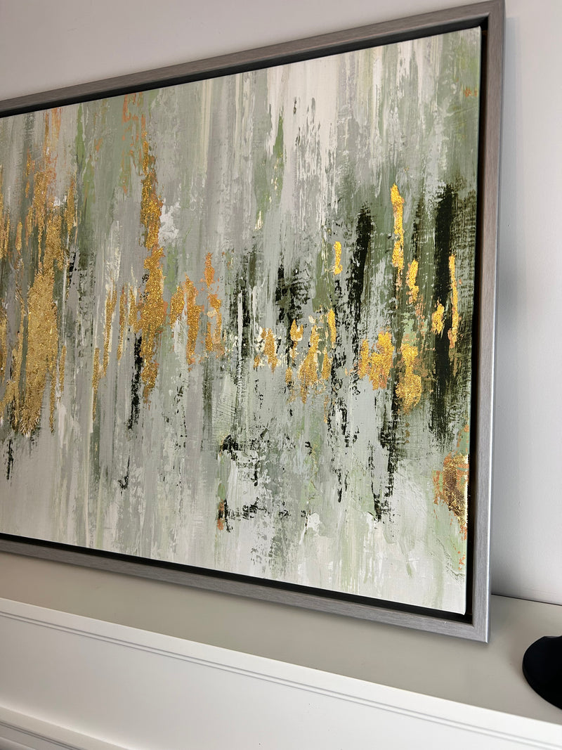 Dripping moss green and gold by Tom Reeves abstract framed canvas 60x96cm