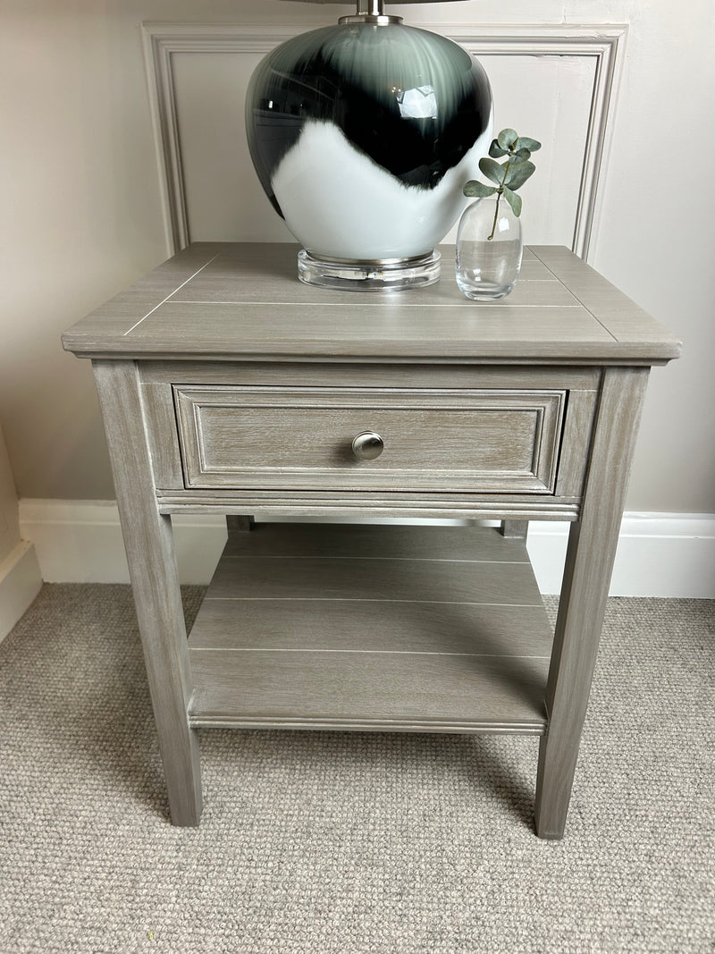 Serene washed wood one drawer side table bedside