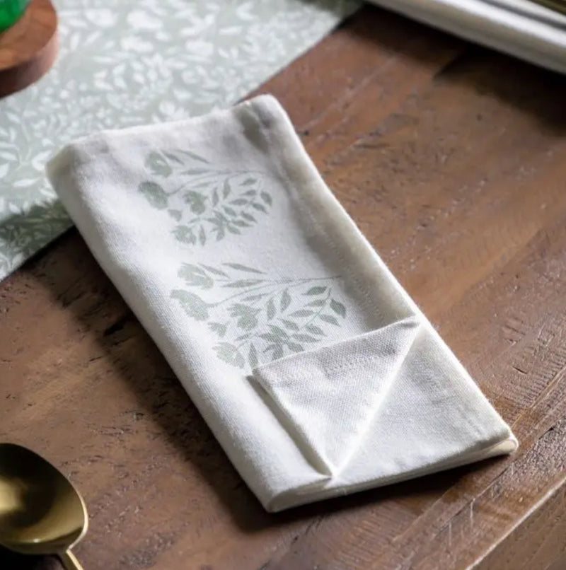 Set of 4 sage green floral cotton placemats and linen cotton napkins