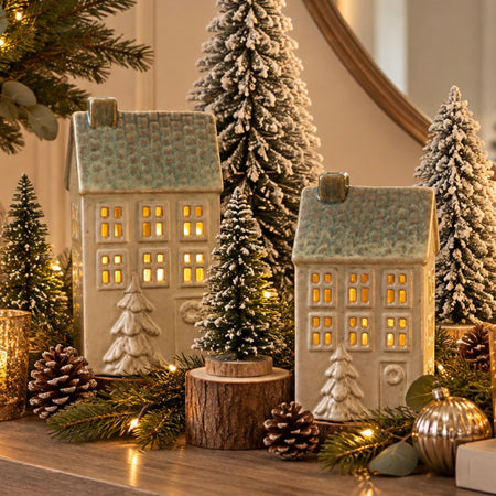 Reactive Glaze Light green white up Christmas House, 2 Sizes