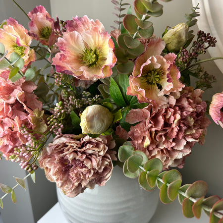 Arrangement 8 pink blush eucalyptus hydrangeas peony berry poppy