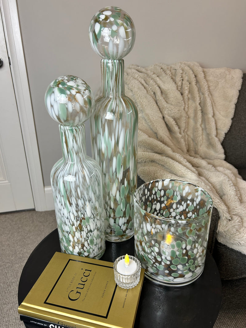 Green white gold pistachio speckled mottled glass lidded bottle jars 2 sizes