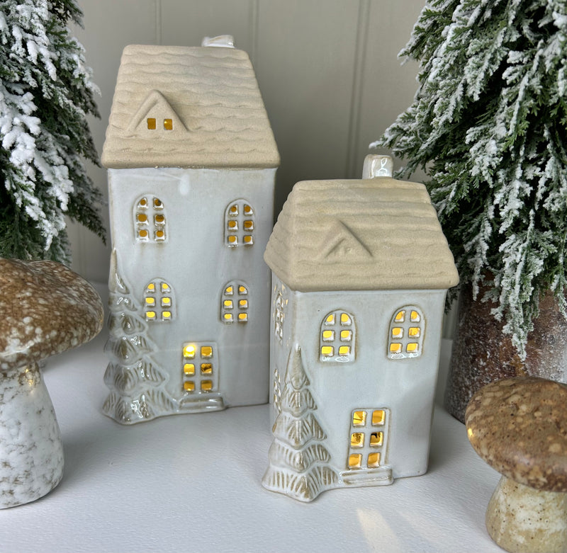 LED lit ceramic house with tree detail 2 sizes