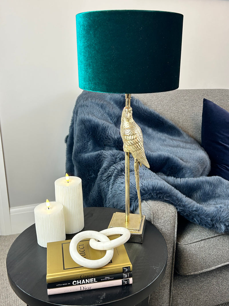 Gold parrot lamp with emerald green shade
