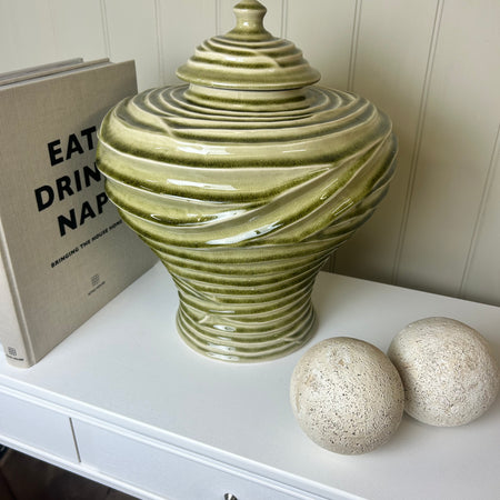 Ceramic green ripple ginger jar vase