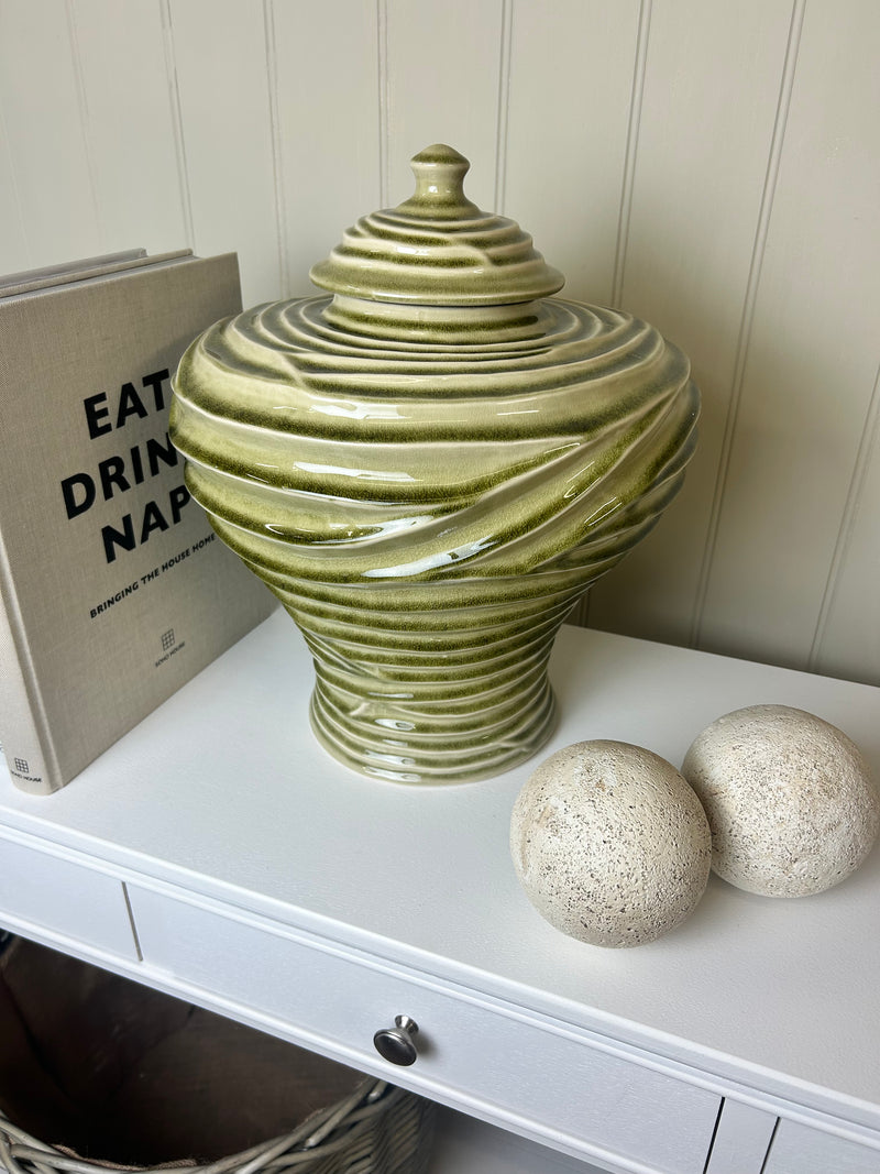 Ceramic green ripple ginger jar vase