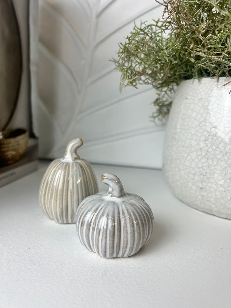 Set of two reactive glaze ribbed pumpkins