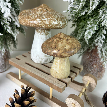 Natural stoneware ceramic mushroom toadstool brown cream 2 sixes