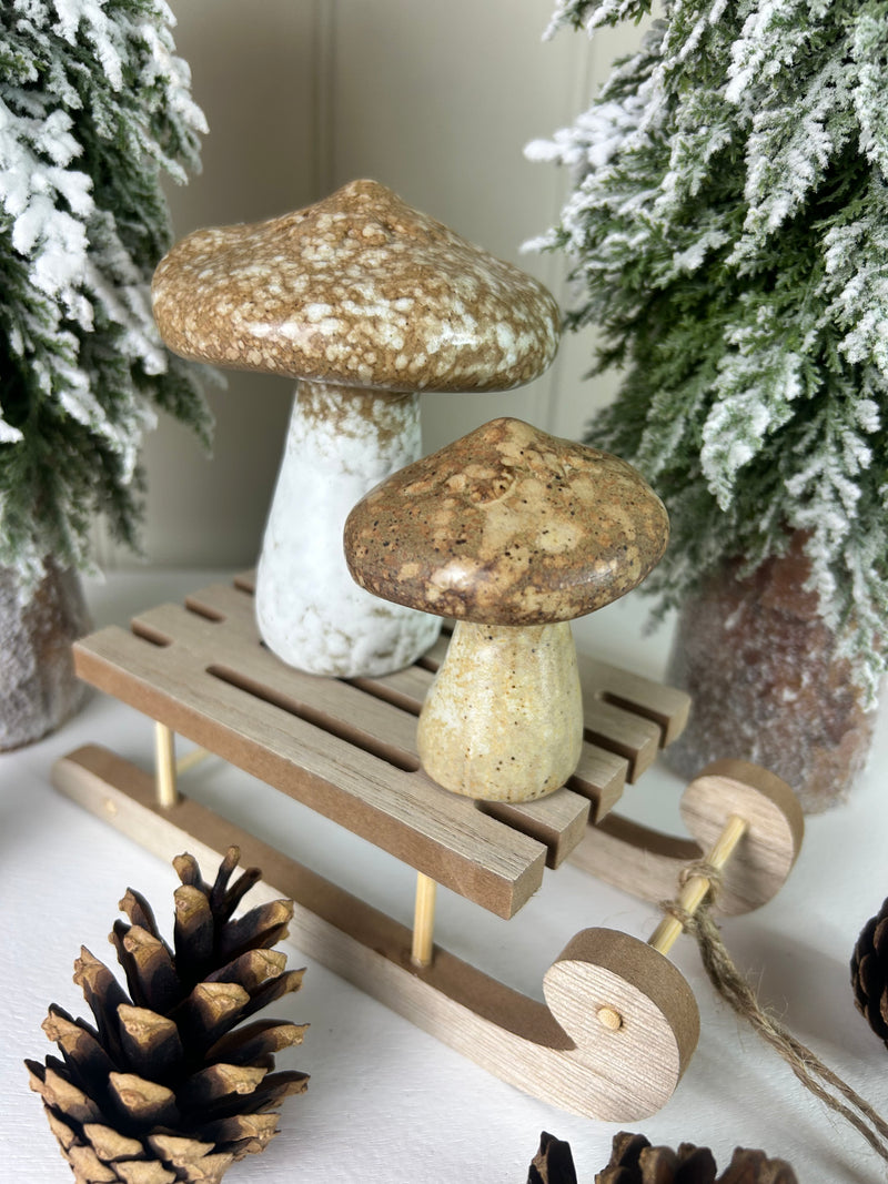 Natural stoneware ceramic mushroom toadstool brown cream 2 sixes