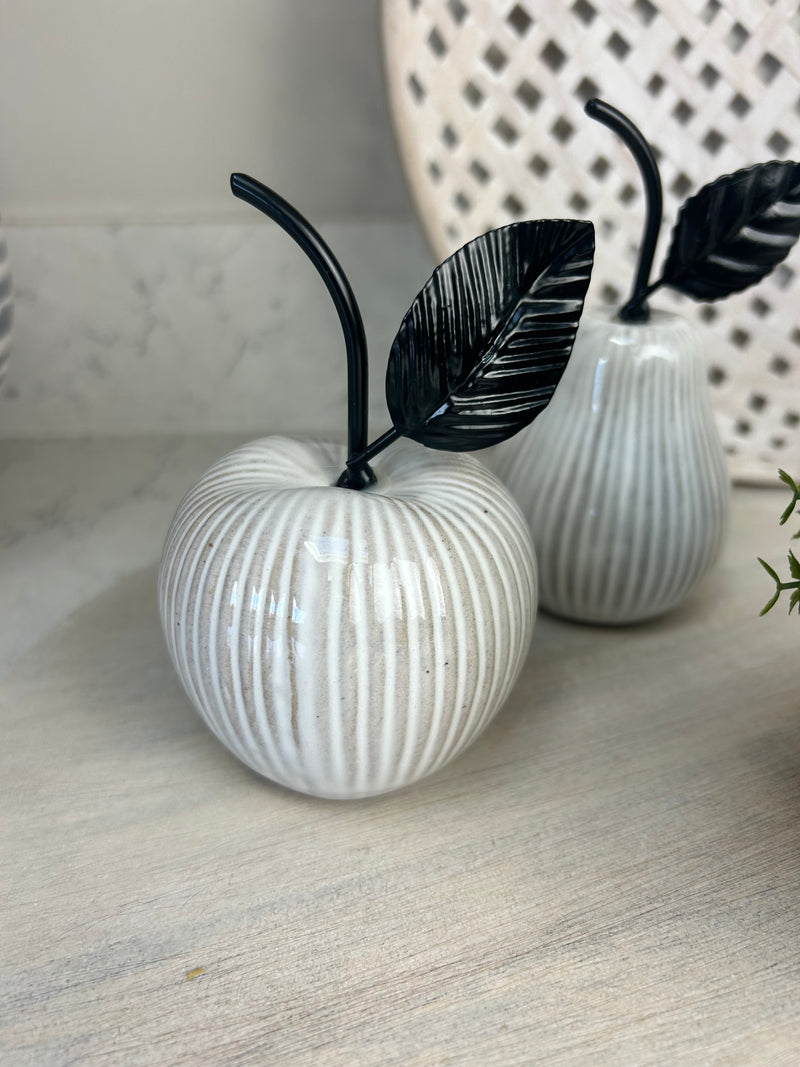 Off white ribbed ceramic apple and pear