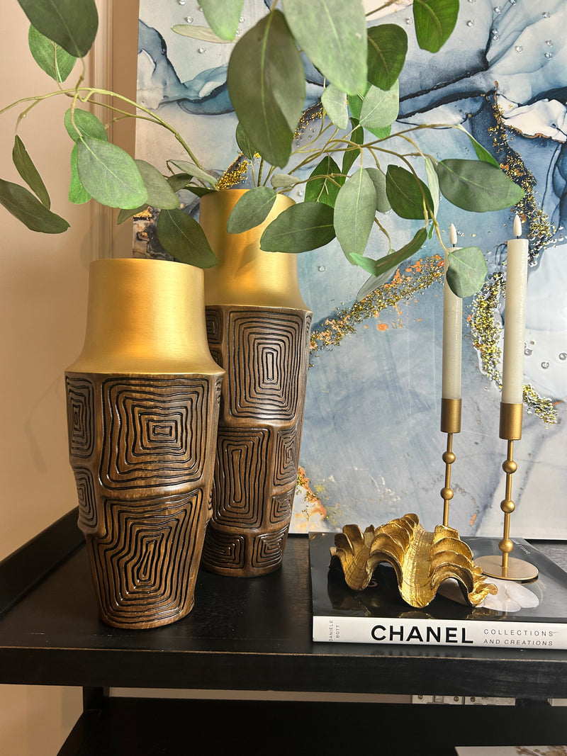 Dark wood look brown and gold textured vase 2 sizes