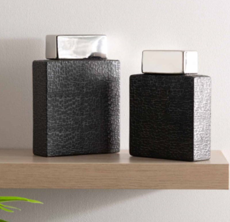 Black silver ceramic textured lidded ginger jars