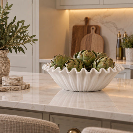 White ripple edge round chunky ceramic bowl