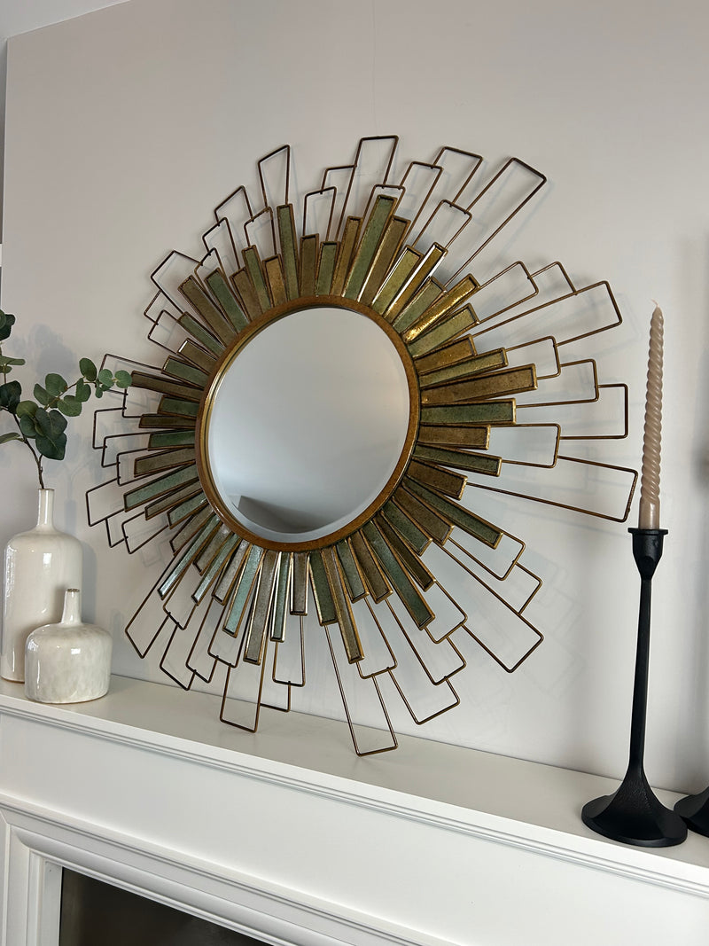 Starburst geo Metal and Green Pattern Mirror 90cm