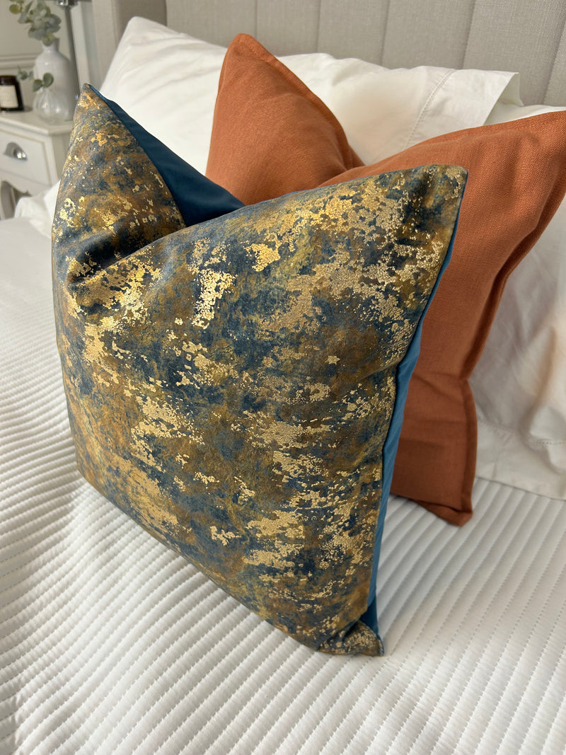 Brazen Blue gold bronze metallic textured luxury feather filled cushion