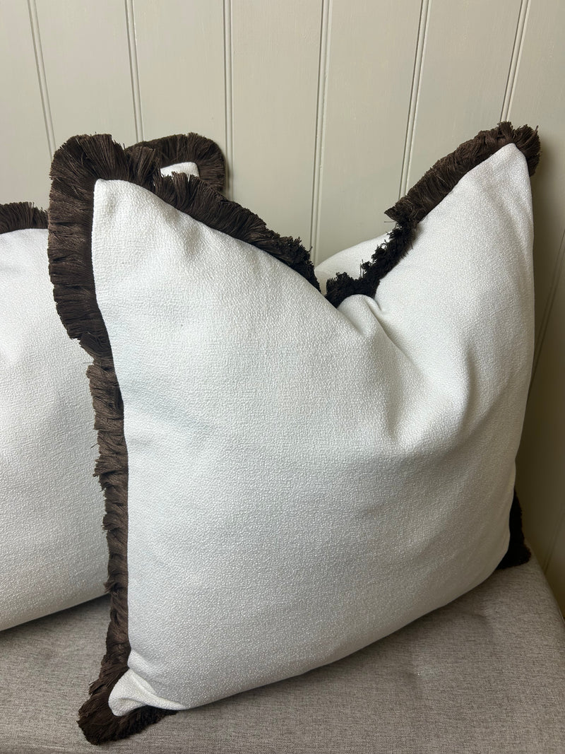 Large Ivory white boucle weave with Chocolate Brown Trim Edge Hugo Cushion 56cm