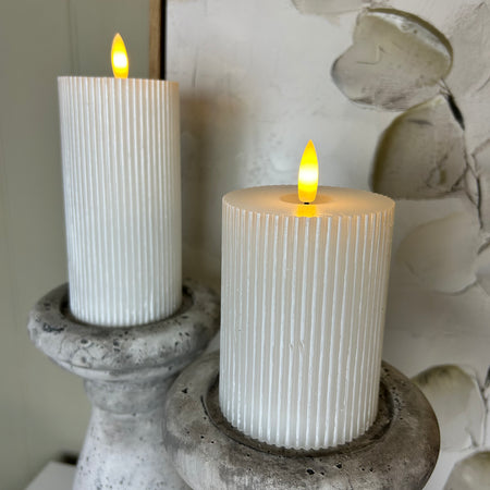 Large Off White Ribbed Real Wax LED Candle With Timer 3 sizes