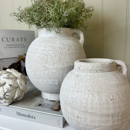 White rustic round vase with handle 2 sizes
