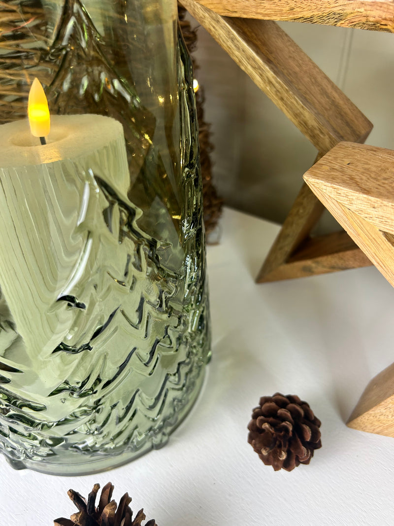 Large glass Green tree Forest Candle Holder embossed