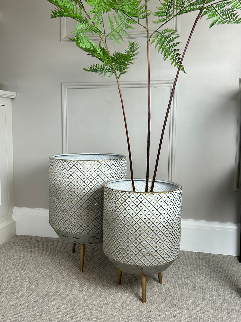 White and gold textured metal floor planter 2 sizes