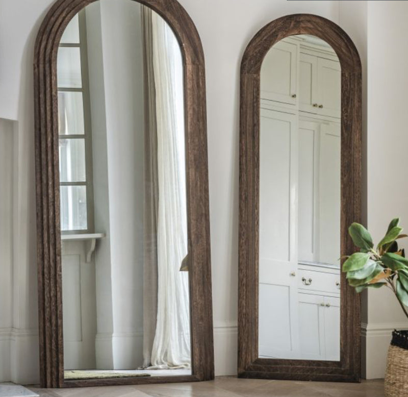 Dark wood stain arched floor length mirror two sizes